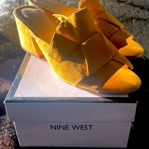 Gold suede Nine West wide thick healed mules